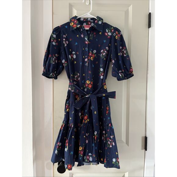 Kate Spade Belted Navy Bouquet Toss Pleated Lake Dress With Pockets Small - Picture 3 of 11